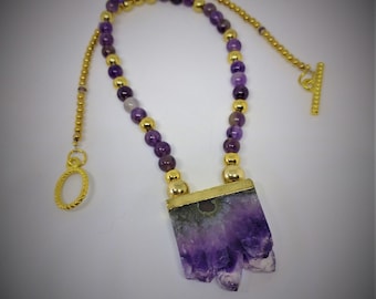 Druzy Amethyst Pendant Necklace, Purple Necklace, Raw Amethyst Necklace, Amethyst Slice Necklace