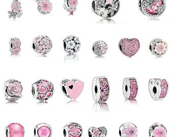 S925 Sterling Silber Rosa & Silber Charm Beads für Armbänder | Liebe Herz Blumen Charms | Europäisches Armband kompatibel | Geschenk für Frauen