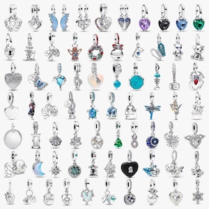 Può includere: Una collezione di ciondoli in metallo color argento con vari design tra cui cuori, animali, motivi celesti, fiori e gemme in colori come blu, verde, viola e nero, ognuno dotato di un piccolo occhiello per l'aggancio a bracciali o collane.