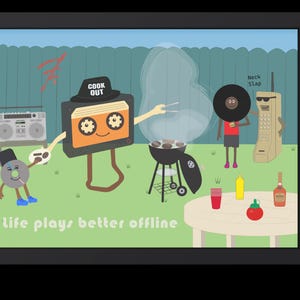 May include: A framed illustration of a backyard barbecue featuring anthropomorphic retro technology, including a cassette tape wearing a hat, a vinyl record, and a brick cell phone. The text reads "COOK OUT", "Neck Slap", and "life plays better offline".