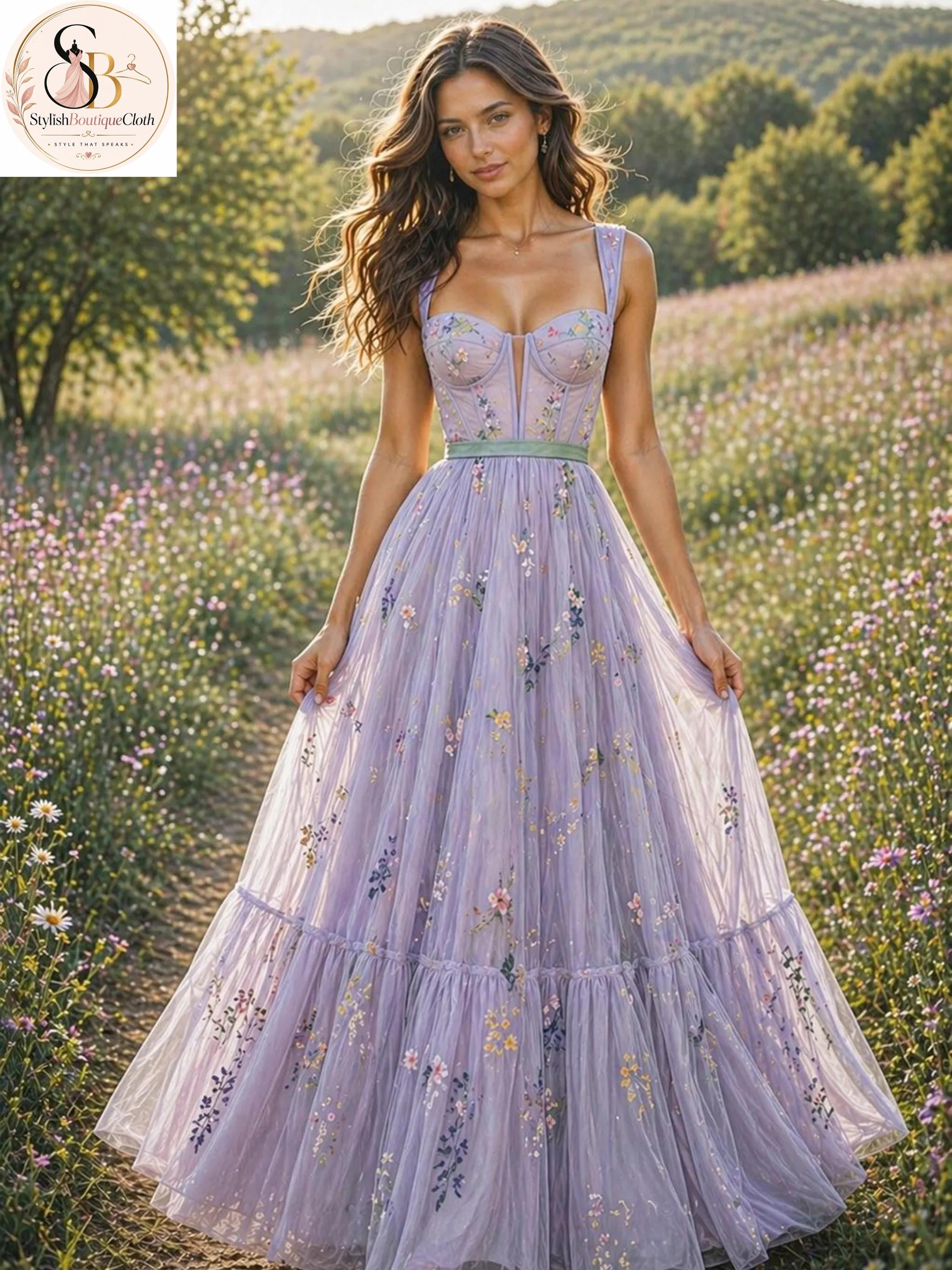 Lavender Floral Tulle Maxi Dress