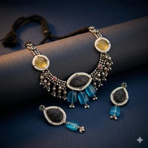 Antique Oxidized Silver Choker Set with Amethyst, Ruby, Blue Gemstones