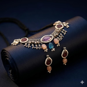 May include: A silver necklace and matching earring set featuring oxidized metal beads, small white pearls, and carved gemstones in shades of deep red, light purple, soft peach, and translucent blue, with a black cord for the necklace closure.