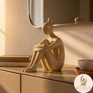Sand Beige Woman Statue, Abstract Resin Figurine for Console Table, Shelf and Cozy Bedroom Decor