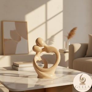 Sand Beige Couple Statue, Abstract Resin Heart Figurine for Living Room Shelf and Console Table Decor