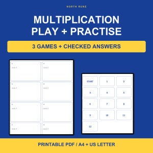Paquete de juegos de multiplicación imprimibles, 3 juegos + respuestas comprobadas, formato PDF en tamaño A4 y Carta estadounidense.