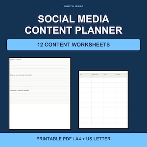 Puede incluir: Un planificador de contenido para redes sociales con 12 hojas de trabajo en formato PDF imprimible para tamaños A4 y US letter. El documento presenta un fondo azul oscuro con texto blanco y dos plantillas de cuadrícula blancas para planificar.
