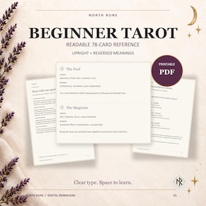May include: A printable PDF beginner tarot reference guide with 78 cards, featuring upright and reversed meanings. The document displays text for The Fool and The Magician cards, with the title Beginner Tarot, North Rune, and Clear type. Space to learn.