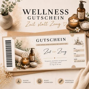 Könnte beinhalten: Ein rechteckiger Wellness-Gutschein mit einem Barcode auf der linken Seite, dem Text "GUTSCHEIN" und "Zeit statt Zeug" sowie einer Illustration von gerollten Handtüchern, einer Kerze und einem Seifenspender. Der Gutschein enthält Felder für Namen und Datum.