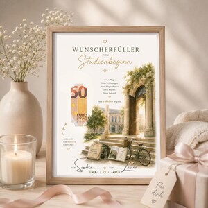 Könnte beinhalten: Ein gerahmter Druck mit dem Text WUNSCHERFÜLLER ZUM Studienbeginn, einem 50-Euro-Schein und einer Illustration eines steinernen Torbogens, eines Fahrrads und eines offenen Buches. Der Druck enthält die Namen Sophia und Laura mit Herzmotiven.