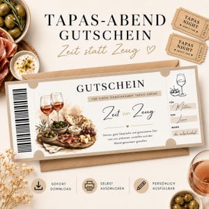 May include: A rectangular gift voucher for a tapas evening featuring a watercolor illustration of wine glasses, olives, bread, and cured meat. The text reads GUTSCHEIN, Zeit statt Zeug, and includes fields for names and dates. Two small ticket stubs are included.