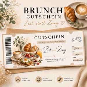 Utskrivbar brunchkupong | Frukostkupong PDF | Tid istället för saker-present | Ge bort brunchgåvan tillsammans | Sista minuten-present