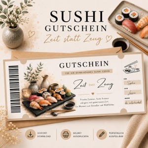Utskrivbar sushikupong | Gåva av tid istället för saker | Ge bort sushi i present | Restaurangkupong i PDF-format | Sista minuten-present