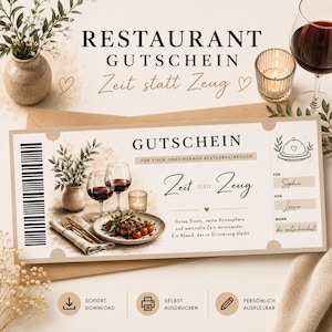 Puede incluir: Un vale de regalo para restaurante rectangular con un código de barras, una ilustración en acuarela de una cena de carne con vino y el texto en alemán 'GUTSCHEIN', 'Zeit statt Zeug' y 'FÜR EINEN GEMEINSAMEN RESTAURANTBESUCH'. Incluye campos para nombres.