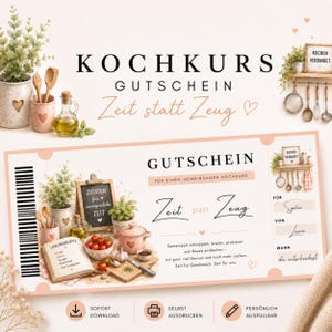Puede incluir: Un vale de regalo rectangular para una clase de cocina con el texto KOCHKURS GUTSCHEIN Zeit statt Zeug. El diseño incluye ilustraciones de utensilios de cocina, un libro de recetas, una olla y tomates, con campos para nombres y fechas.