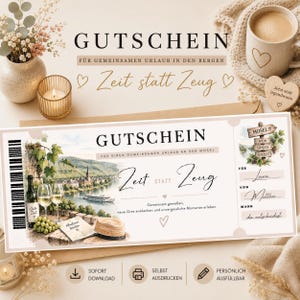 May include: A rectangular gift voucher featuring a watercolor illustration of a river landscape with vineyards, a boat, wine, and a hat. The text reads GUTSCHEIN, Zeit statt Zeug, and includes fields for names and dates. The design is in neutral tones.