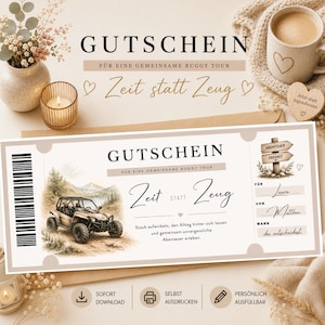 Puede incluir: Un vale de regalo rectangular para un tour en buggy con una ilustración en acuarela de un buggy en un paisaje, el texto GUTSCHEIN, Zeit statt Zeug, y campos para nombres y fechas. El diseño incluye un código de barras y un cartel de madera.