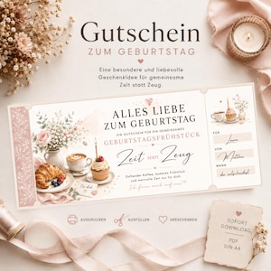 Könnte beinhalten: Ein ausdruckbarer Geburtstagsgutschein mit Frühstücksmotiven wie einem Croissant, Kaffee und einem Cupcake. Der Text enthält 'Gutschein ZUM GEBURTSTAG', 'ALLES LIEBE ZUM GEBURTSTAG' sowie Felder zum Ausfüllen für 'FÜR', 'VON' und 'WANN'.