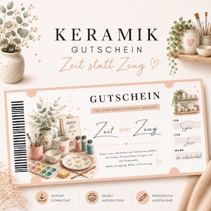 Könnte beinhalten: Ein rechteckiger Gutschein für ein Keramik-Mal-Erlebnis mit dem Text KERAMIK GUTSCHEIN Zeit statt Zeug. Das Design enthält Illustrationen von Keramik, Pinseln und Wasserfarben sowie Felder zum Ausfüllen von Namen und Datum.