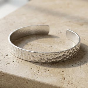 Hammered Sterling Silver Flat Cuff Bracelet, Minimalist Textured Bangle, Artisan 925