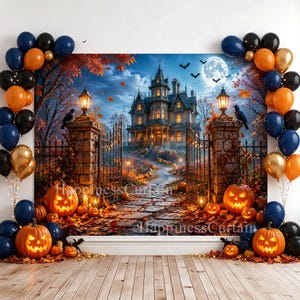 May include: A Halloween-themed backdrop featuring a haunted mansion at night with a full moon, stone pillars, and a path covered in autumn leaves. The scene is framed by balloon arches in orange, black, and dark blue, with carved jack-o'-lanterns.