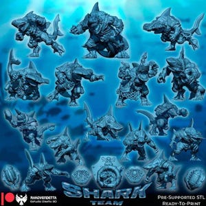 May include: A collection of grey 3D printed shark-themed humanoid figurines in various dynamic poses, featuring armor and aquatic details. The image includes the text "SHARK TEAM" and "RAKOVENDETTA ESTUDIO DISEÑO 3D" with "PRE-SUPPORTED STL READY-TO-PRINT".
