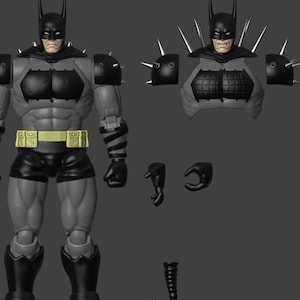 May include: A grey and black action figure of a caped character with a yellow utility belt, featuring interchangeable parts including an alternate torso with spikes, extra hands, and a large black hammer with a brown handle on a dark background.