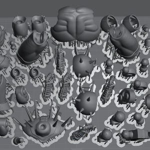 May include: A collection of grey 3D printed resin parts arranged on a digital build plate. The components include various torso sections, limbs, spiked armour pieces, and small mechanical connectors, all supported by thin lattice structures.