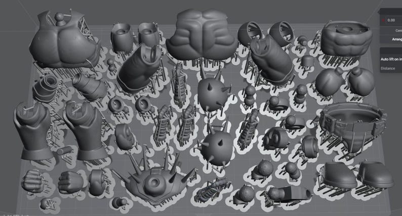 May include: A collection of grey 3D printed resin parts arranged on a digital build plate. The components include various torso sections, limbs, spiked armour pieces, and small mechanical connectors, all supported by thin lattice structures.
