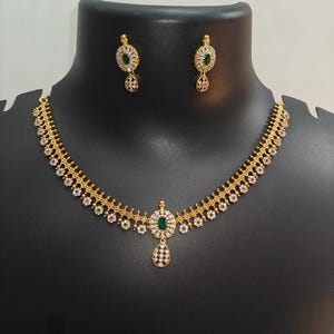 18K Yellow Gold Necklace Emerald Ruby Bridal Pendant Indian Wedding Jewelry Earrings set