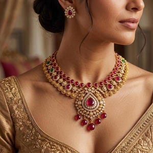 18K Yellow Gold Necklace Earring Set Red Stone Bridal Pendant Indian Wedding Jewelry