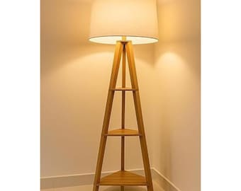 Wooden Tripod Floor Lamp with Shelves | Modern Corner Standing Lamp | Living Room & Bedroom Decor