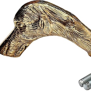 May include: A gold-toned metal cane handle shaped like a dog head with detailed fur texture, accompanied by a separate smooth cylindrical gold-toned metal collar and three threaded silver-toned metal bolts for assembly and attachment.