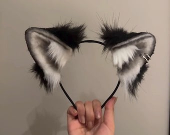 handmade black and white animal ear, cat ear headband with metal clip, kawaii cat ear headband, fluffy blak & white fur with metal accent