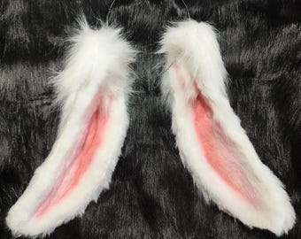 handmade white and pink bunny ear，fluffy white rabbit ears headband with pink inner ears, cute faux fur costume, halloween costume