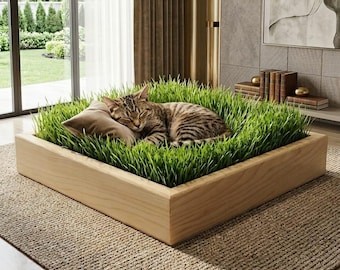 Handcrafted Eco Friendly Pet Bed, Natural Solid Wood Cat Grass Stand, Finished with Beeswax and Linseed Oil"