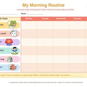 May include: A My Morning Routine chart featuring a grid for Monday through Friday. The left column lists steps: Used the toilet, Brushed my teeth, Got dressed, Ate breakfast, Packed my bag, and Out the door, each with a corresponding cartoon icon.