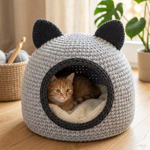 Pode incluir: Uma cama de gato em crochê cinza-claro em forma de cúpula com duas orelhas pontiagudas cinza-escuro no topo. A entrada circular é contornada em cinza-escuro e um gato malhado laranja descansa dentro sobre uma almofada de malha cor de creme.