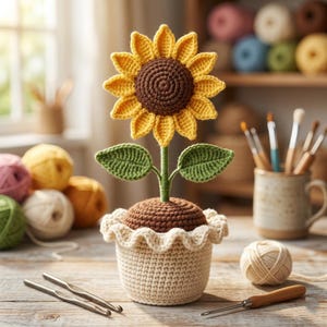 May include: A crocheted sunflower with a dark brown center and bright yellow petals, featuring two green leaves on a green stem. The flower is planted in a beige crocheted pot with a ruffled top edge, sitting on a wooden surface with crochet hooks.