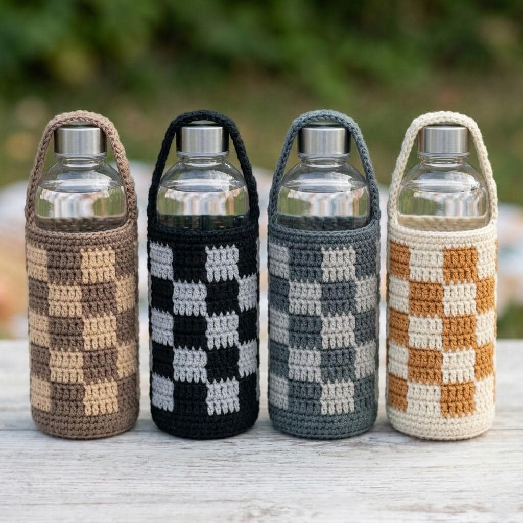 32 Checkerboard Crochet Patterns for Blankets, Bags, Garments, and Home Accents 10 Crochet Water Bottle Holder
