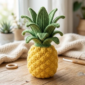 Op de afbeelding: Een handgehaakte ananas met een textuurrijk geel lichaam met een ruitpatroon en een levendige groene bladerkroon met puntige, gelaagde bladeren. Het object is gemaakt van garen met overal zichtbare steken in de gehele structuur.