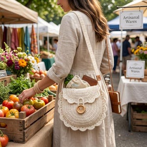 May include: A cream-colored crochet crossbody bag with a scalloped edge flap and a large wooden button closure. The bag features a long, wide crochet strap and is worn over a light beige linen dress. The bag contains a small mesh produce bag.