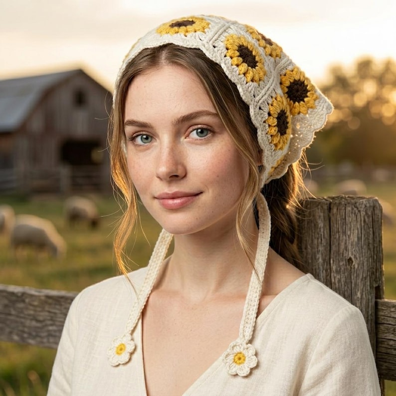 Boho Sunflower Bandana crochet bandana pattern listing photo by Bloomandstich