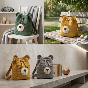 May include: A collection of crochet bear backpacks in green, yellow, and grey. Each bag features a drawstring closure, two small rounded ears on top, and a circular cream-coloured snout with a brown embroidered nose and mouth detail.