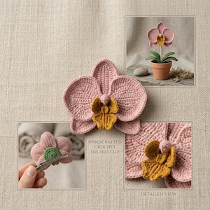Peut inclure: Une pince à cheveux en forme d'orchidée crochetée à la main, composée d'une grande fleur rose avec un centre texturé jaune moutarde. L'ensemble présente une vue détaillée des pétales et une vue de la pince métallique fixée au dos de l'objet.