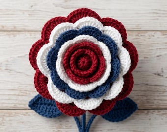 Patriotic Crochet Rose Pattern PDF, Layered Flower Applique,  4th of July Crochet Decor Tutorial