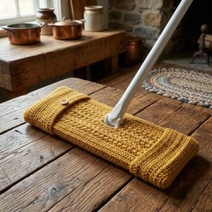 Peut inclure: Une housse de balai rectangulaire en crochet jaune moutarde avec un motif de points texturés et une fermeture à un petit bouton en bois sur le rabat avant. La housse est fixée à un manche de balai en plastique blanc pour un ajustement précis.