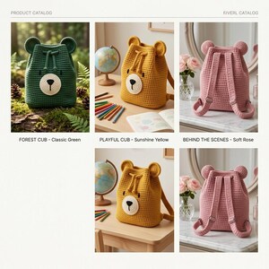 May include: A collection of crochet bear backpacks in classic green, sunshine yellow, and soft rose. Each bag features a drawstring closure, bear ears on top, and a circular bear face patch with a black stitched nose and mouth on the front.