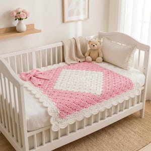 Diamond Shell Baby Blanket Crochet Pattern | Scalloped Edging, Corner Bow (PDF Download)