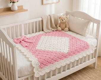 Diamond Shell Baby Blanket Crochet Pattern | Scalloped Edging, Corner Bow (PDF Download)